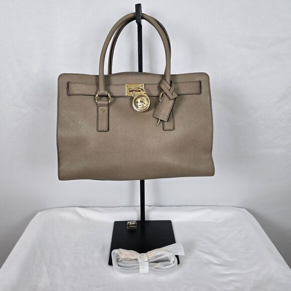 Michael Kors Hamilton Satchel Saffiano Leather Dune Taupe 14.5" x 9.25" x 6.5" - Picture 1 of 16